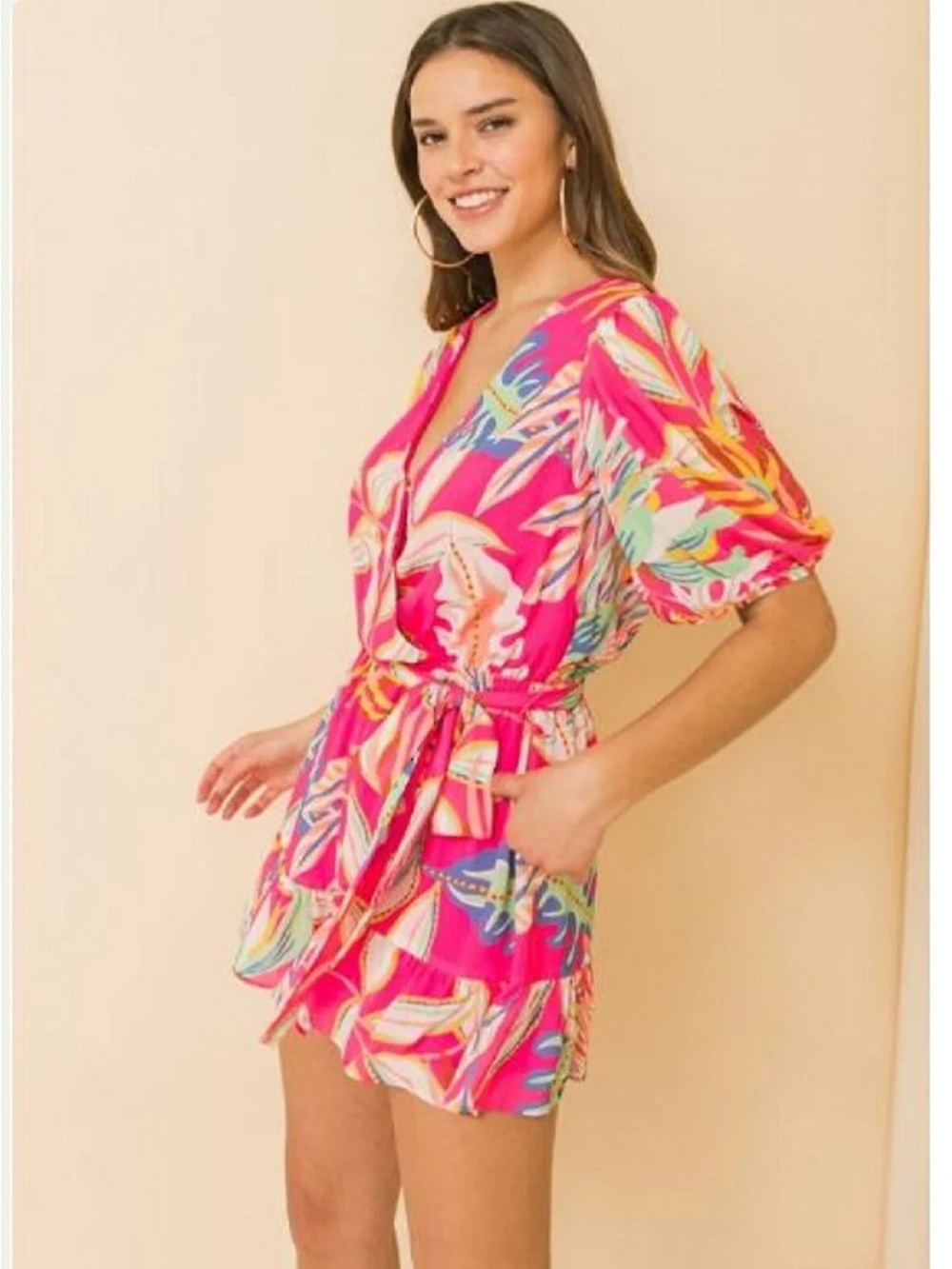 Flying Tomato Bright Pink Floral Print Romper Sz M